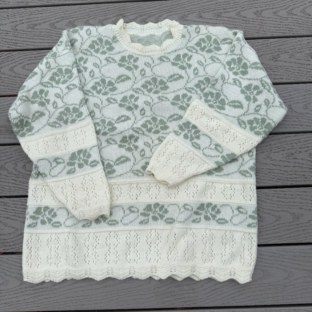 Vintage 80s Floral Sweater Retro Coquette Cottagecore Green White Large NO Tags